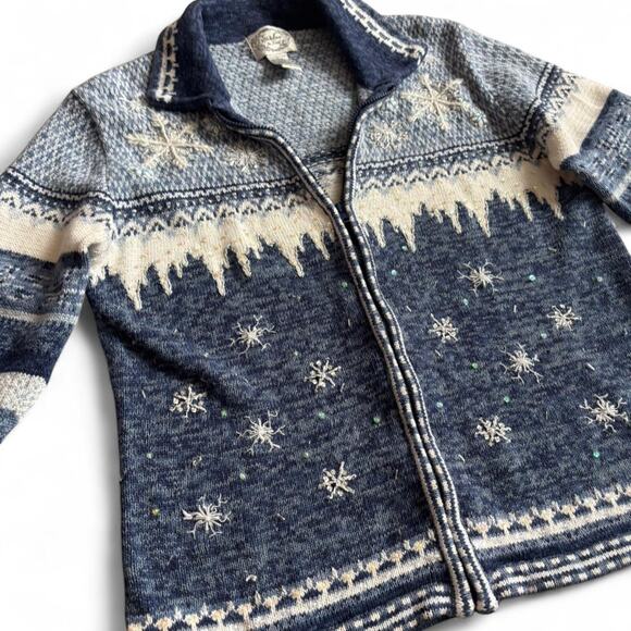 Stitches In Time vintage blue snowflake zip sweater XL embroidered winter - Picture 2 of 8